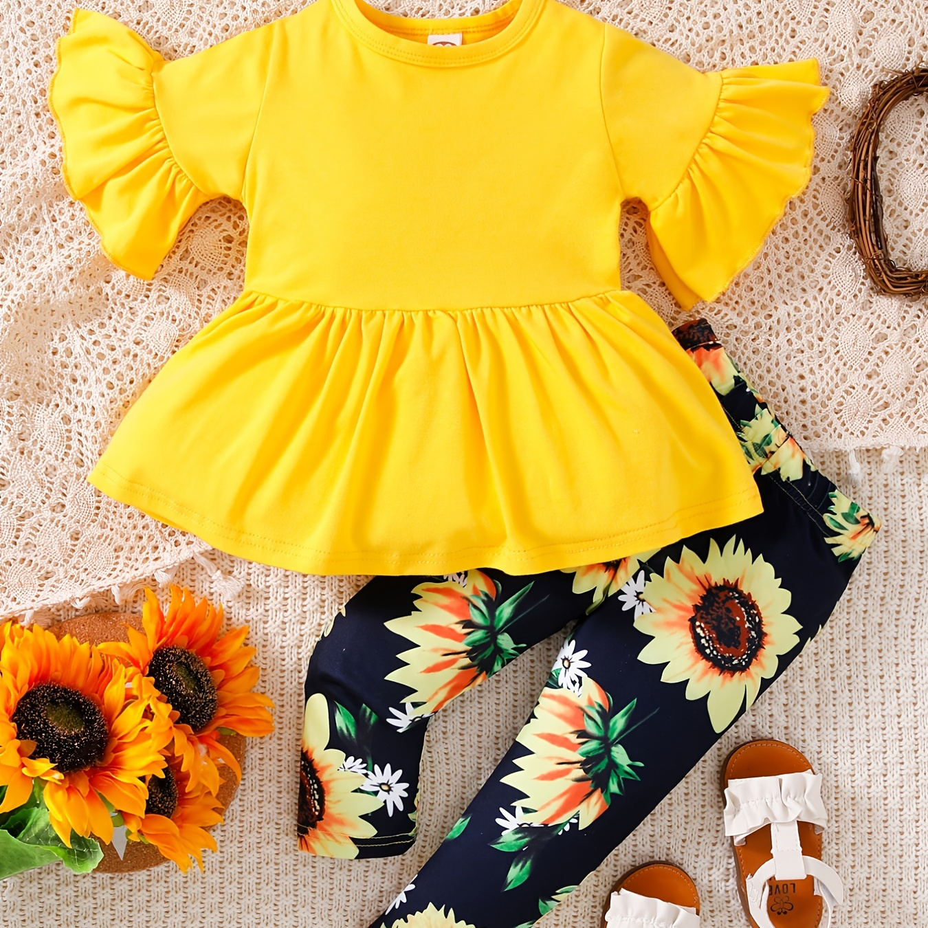 

Toddler Girls Playsuit Flared Sleeve Top + Sunflowers Print Pants Kids Clothes Fall Spring