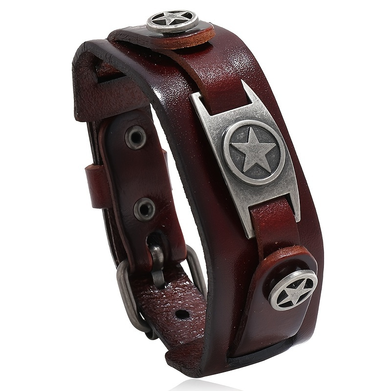 

1pc Premium Punk Rock Genuine Leather Men's Bracelet With Alloy Metal Five- - Edgy Brown Wristband For Trendy Fashion, Casual Bracelet| Jewelry|metallic Star Detail