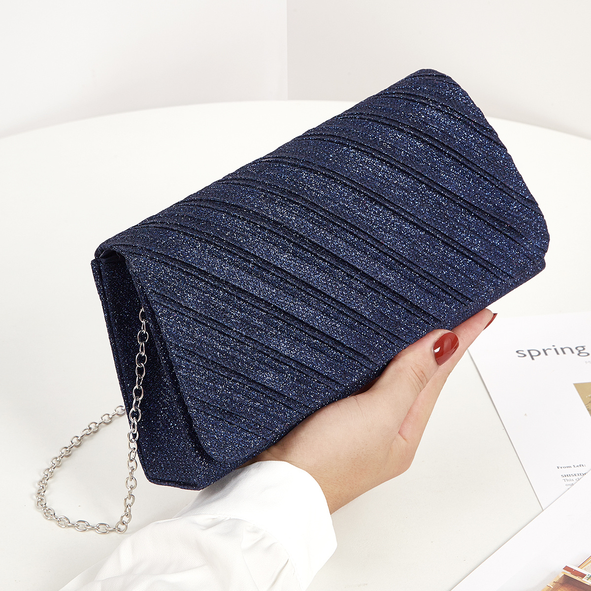 Glitter Evening Bag Pleated Flap Crossbody Clutch Chain