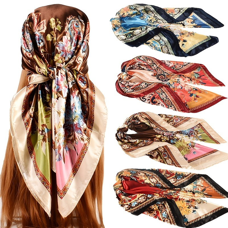 Flower Print Bandana Square Head Scarf Silk Like Floral Head Scarves Square Satin  Hair Scarf Bandanas For Women - Temu