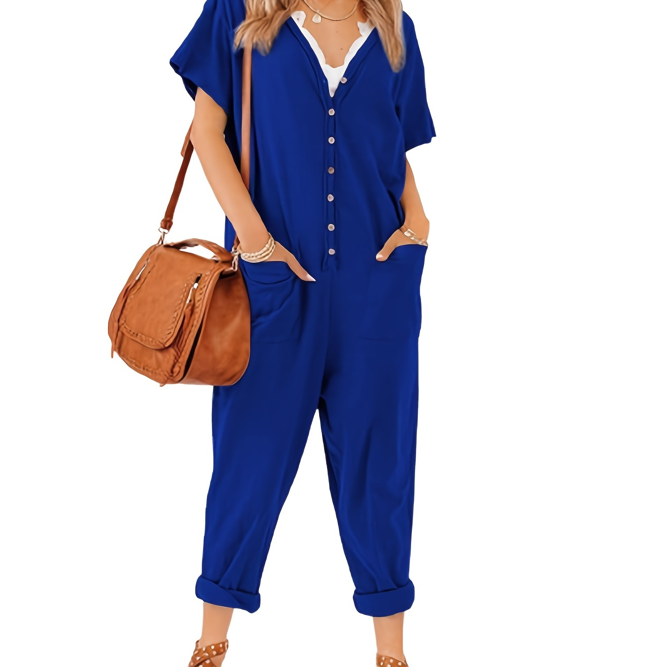 

V Neck Button Up Jumpsuit With Pockets, Short Sleeve Loose Casual Jumpsuit For Spring & Summer, Women's Clothing