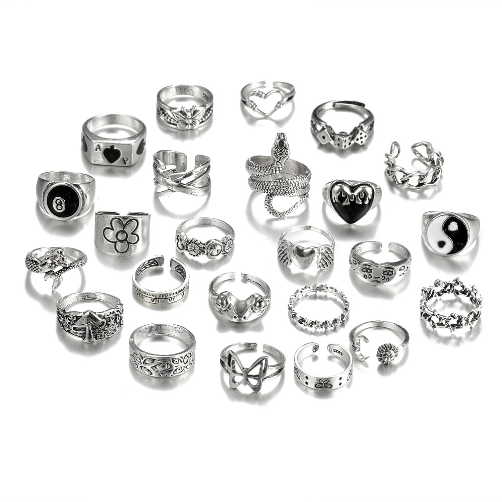 24pc Antique Silvery Vintage Stackable Ring Set, Punk Style