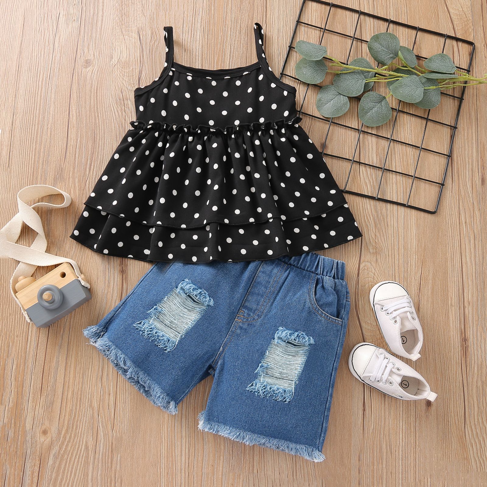 Conjunto De Verano Para Niña De 2 A 6 Años: Top Sin Mangas Con Volantes Y Cuadros Azules + Pantalones Cortos De Mezclilla + Cinta Para El Pelo, Ropa Fresca Para Bebé