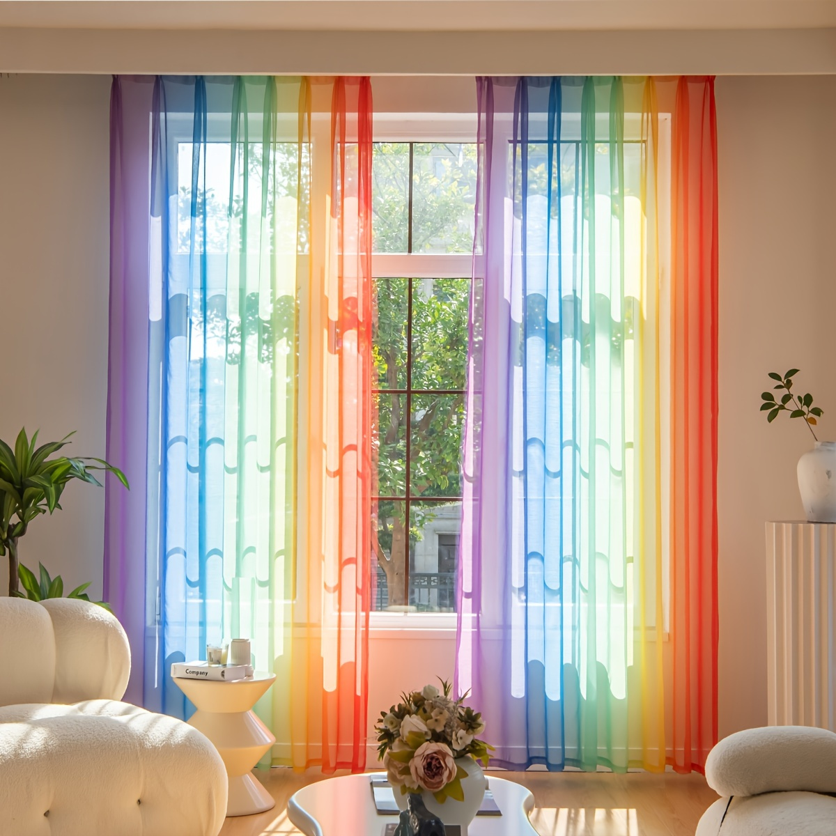 1pc/2pcs Vertical Bar Colorful Gradient Curtains For Bedroom And Living Room, Home Decor