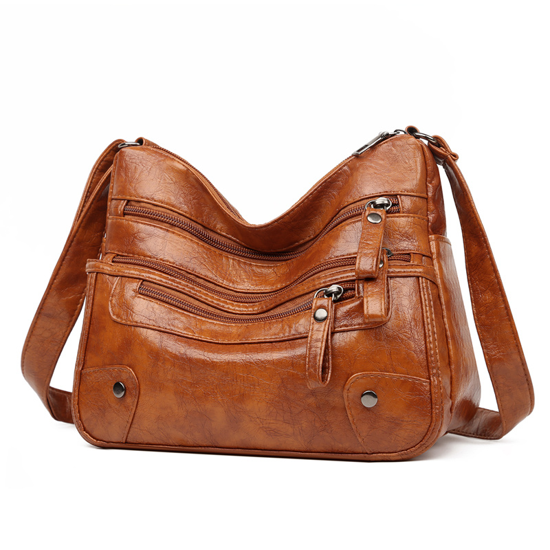 Solid Color Multi Zipper Bag Vintage Soft Leather Shoulder - Temu