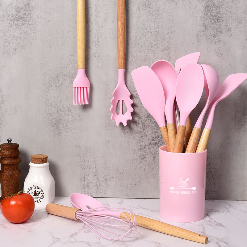 1pc Pink Silicone Kitchen Utensils Set For Non-stick Cookware With Wooden  Handle, 12pcs