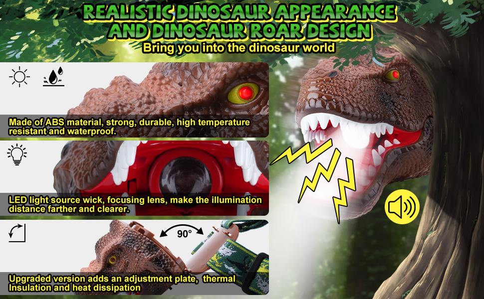 LED Headlamp T-Rex Dinosaur Roaring Head Lamp for Kids Toy Headlight  Flashlight