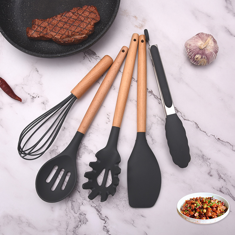 Set di utensili da cucina in Silicone manico in legno spatola