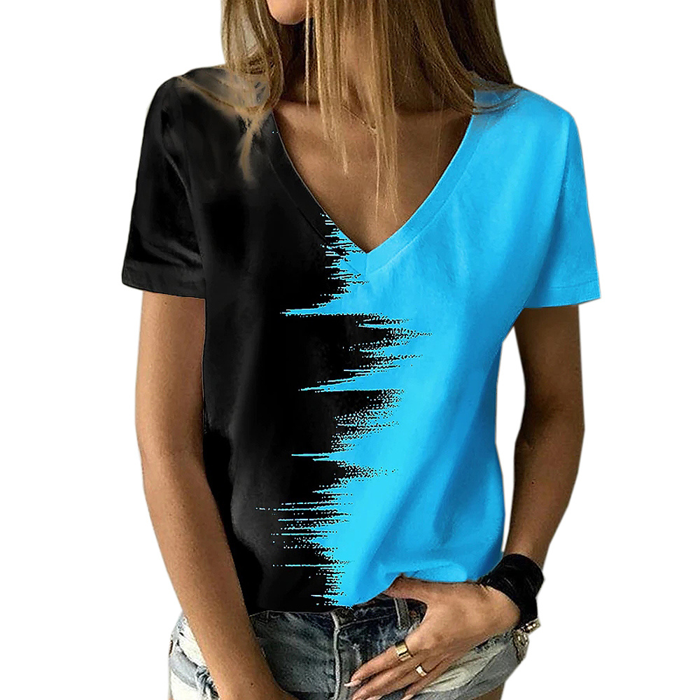 Niuer T Shirt for Women Short Sleeve Color Block Casual V Neck Blouse  Leisure Chic Tuinc Tops 