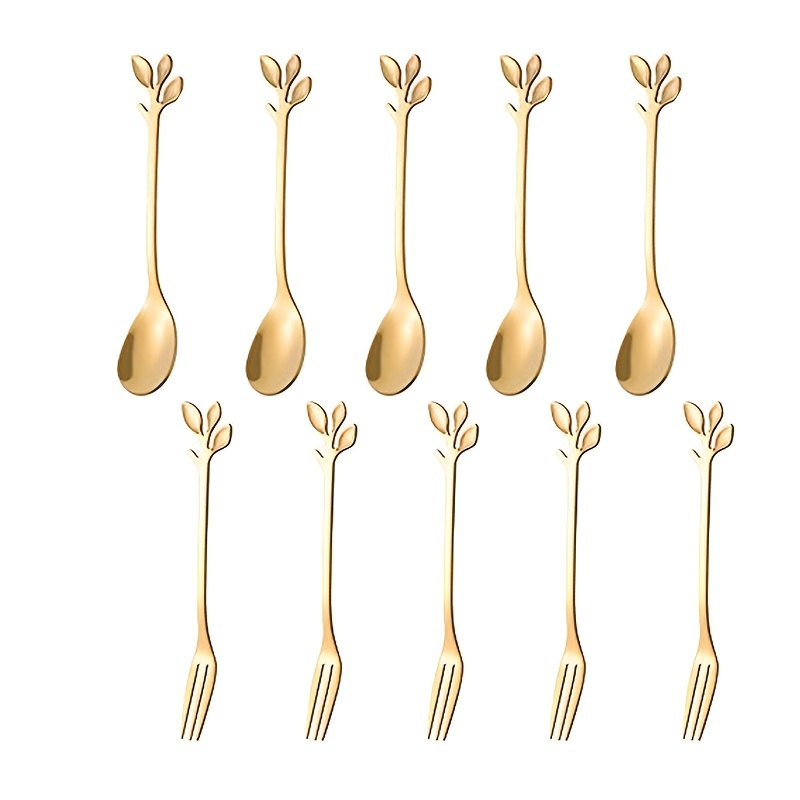 

10pcs Stainless Steel Leaf Spoons And Forks Set, Appetizer Cake Fruit Fork Set, 4.7 Inch Tasting Dessert Fork And Spoon, For Wedding Party, Kitchen Tools, Kitchen Accessories