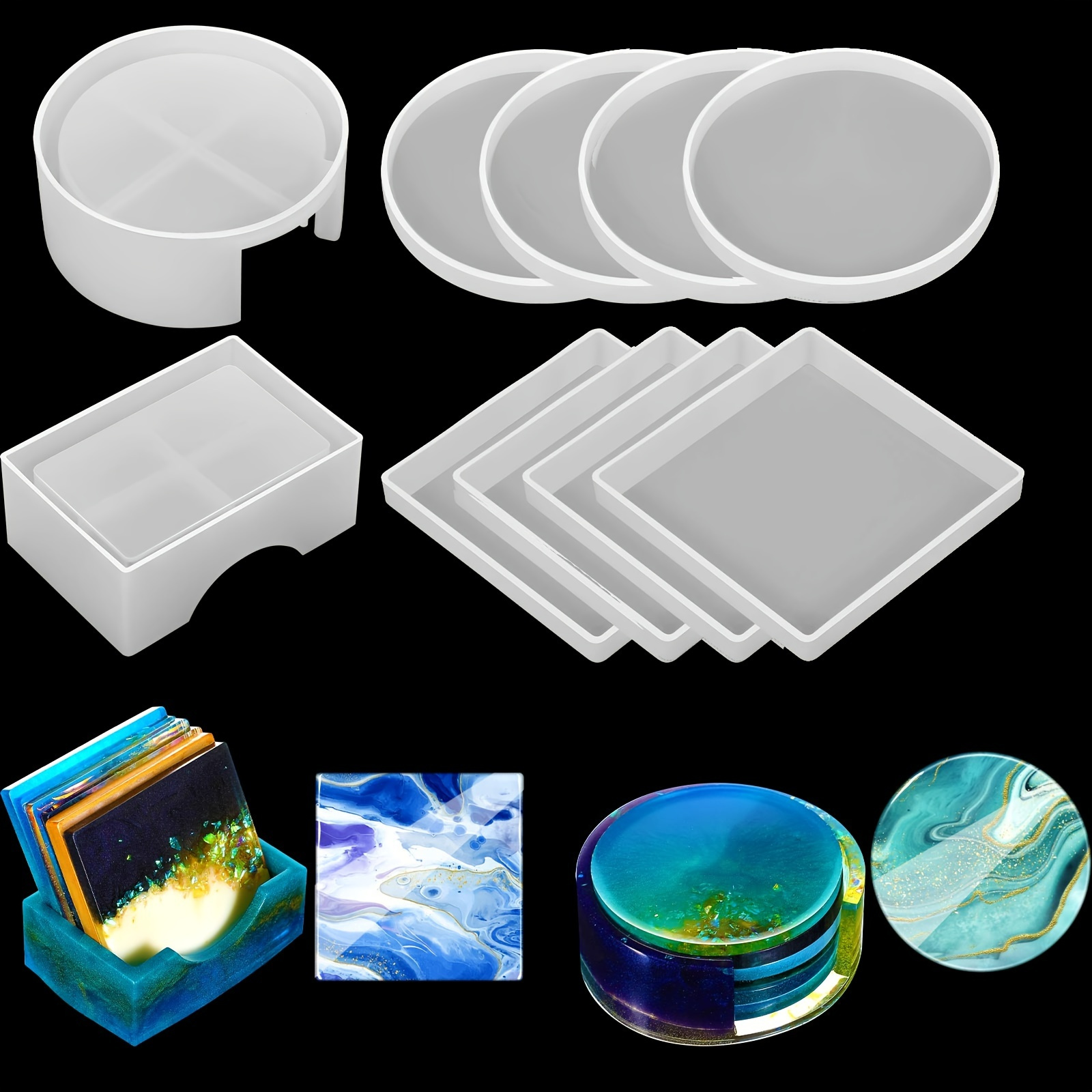Resin molds, Silicone Kit for beginner, Silicone Molds for Epoxy Resin  Casting, Including Sphere, Cube, Pyramid and 3pcs Coaster Moulds-Round,  Square