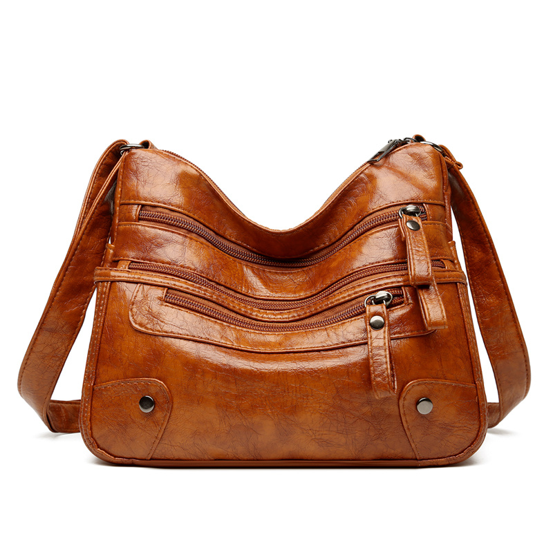 Solid Color Multi Zipper Bag, Vintage Soft Leather Shoulder Bag, Casual Crossbody  Purse For Work - Temu