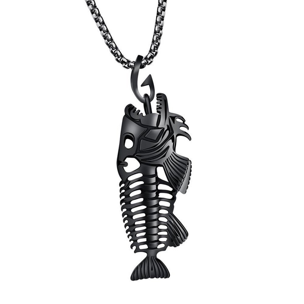 Huge Stainless Steel Fish Bone Skeleton Men's Necklace Pendant With Fishing  Hook
