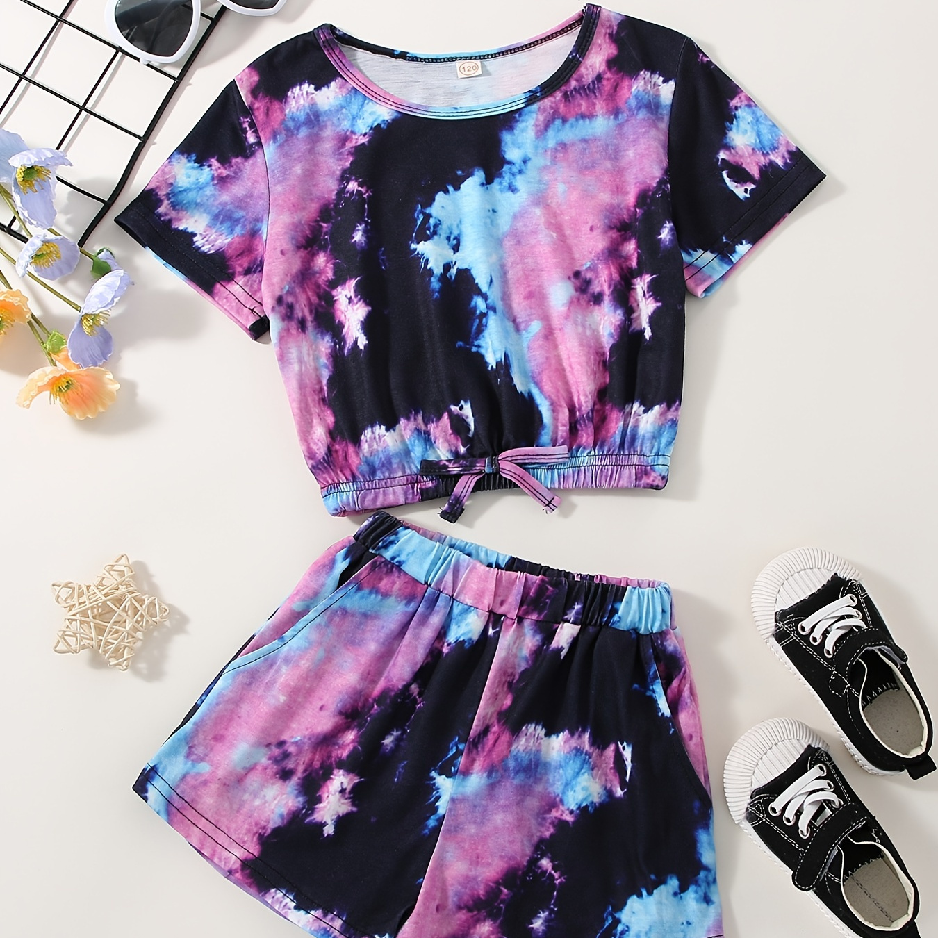 

2pcs Toddler Girls Tie Dye Bow T-shirts Casual Round Neck Tees Top & Elastic Waist Pocket Shorts Set Kids Summer Clothes