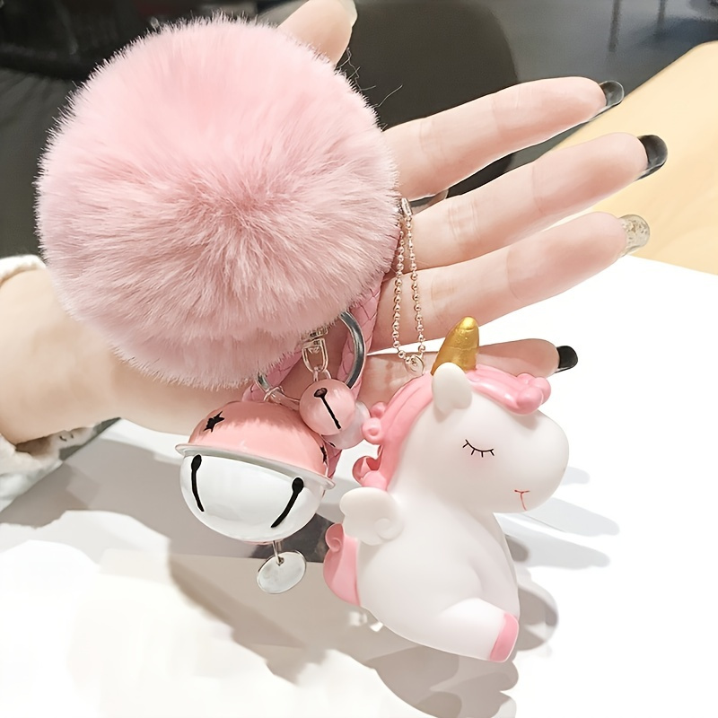 Cute Fur Ball Pom Pom Keychain with Unicorn Small Bell Princess Keyring for  Women Bag Purse Car Decoration at  Women's Clothing store