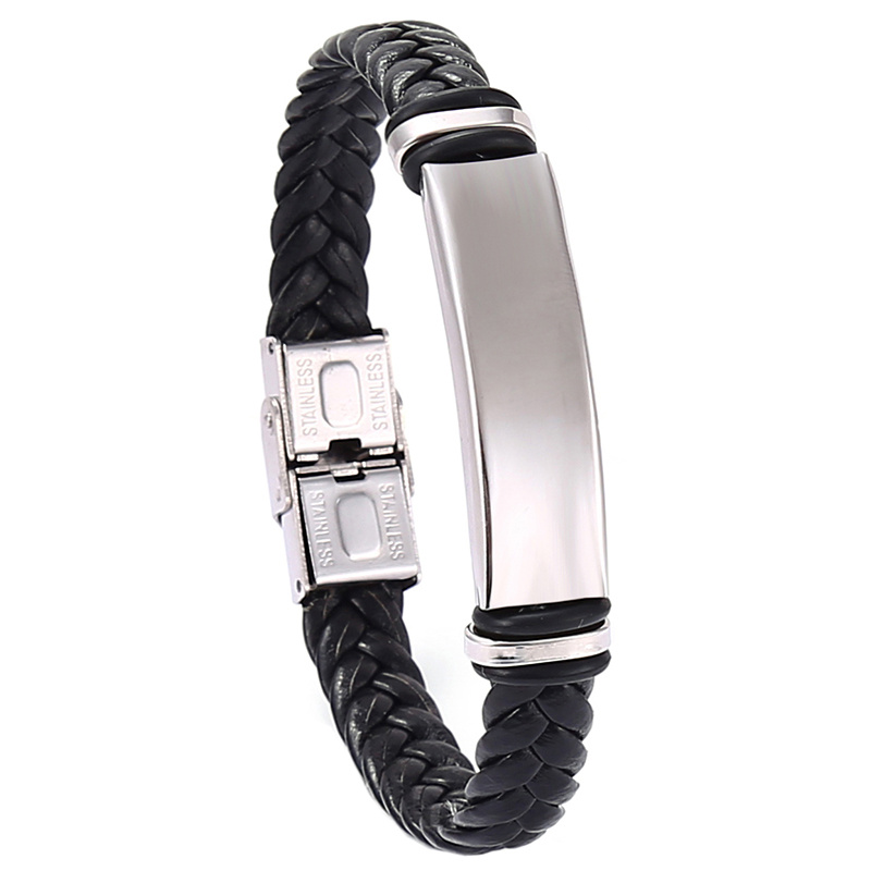Image of 1pc European And American Minimalist Casual Titanium Steel Bracelet Leather Braided Stainless Steel Bracelet Leather Bracelet