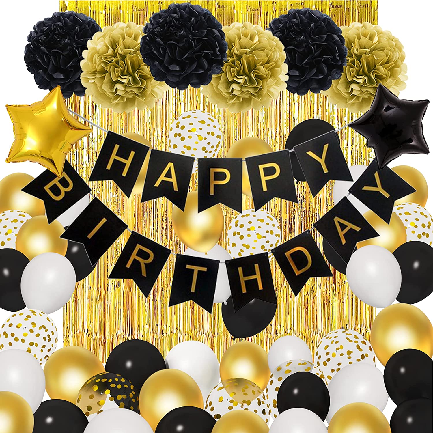 Liangnv Decoración de fiesta de cumpleaños número 18 en oro negro, pancarta  de feliz cumpleaños, globo de aluminio número 18, cortina de 2 flecos,  globo de confeti de látex, me YONGSHENG 8390611694500