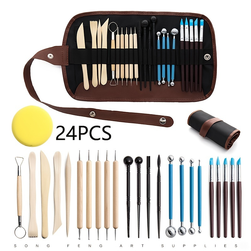 Juego de 24 herramientas de modelado de arcilla, esponja, bolígrafo  punteado, puntas de silicona, lápiz de bola, juego de herramientas de  sangría de