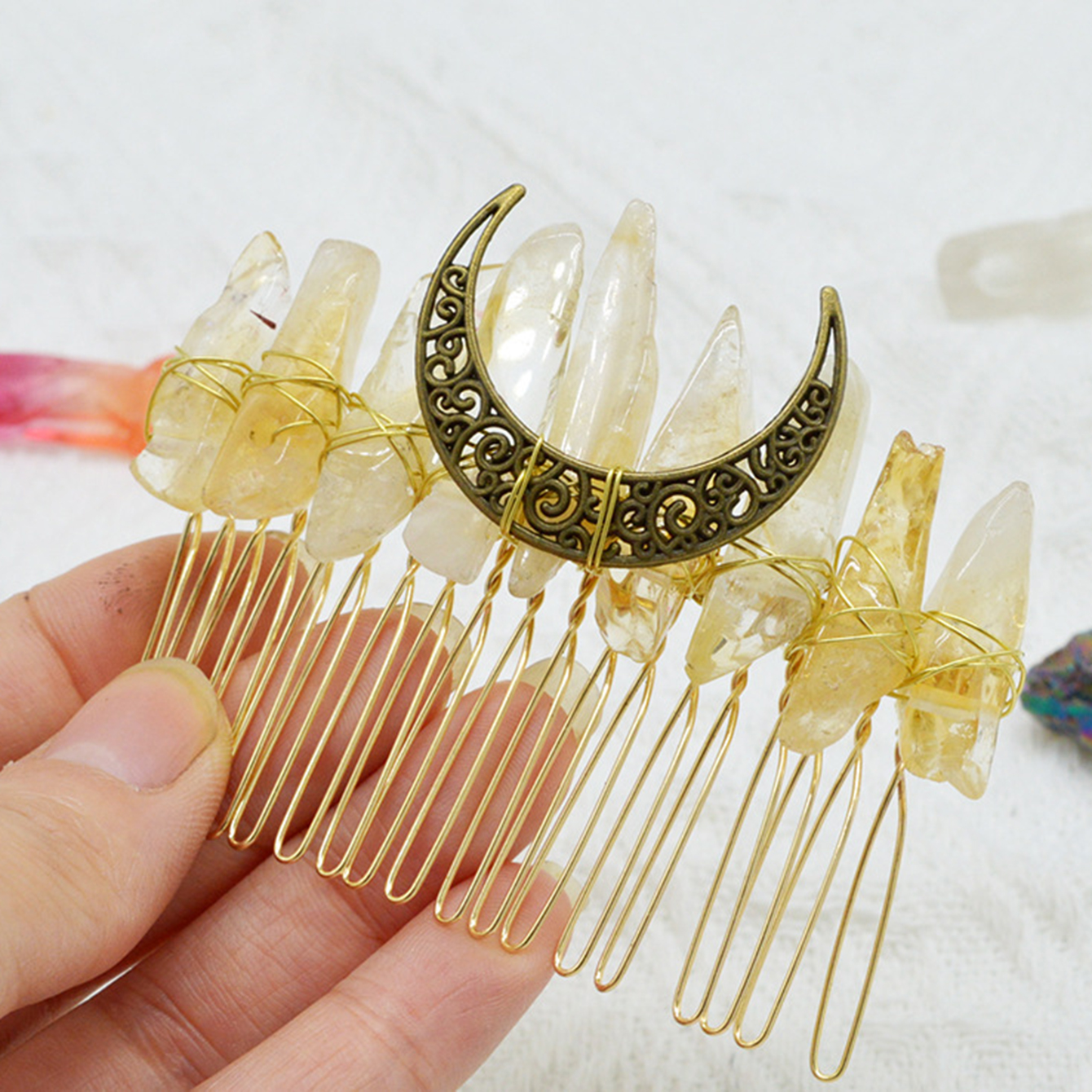 Moon Natural Raw Crystal Quartz Mermaid Hair Comb Handmade Natural Stones  Hair Accessories For Women And Girls 1pc