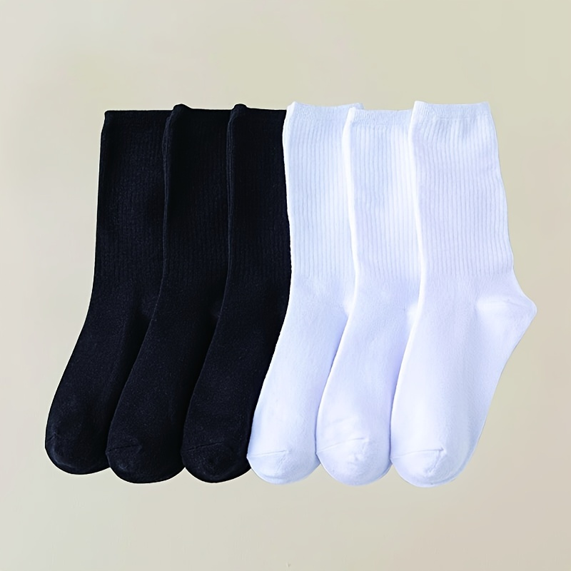 

6/8 Pairs Simple Solid Color Socks, Breathable & Sweat-absorbent Crew Length Socks, Women's Stockings & Hosiery