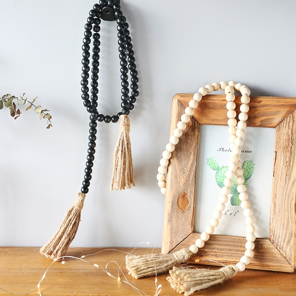 European Wood Bead Garland with Tassels Farmhouse Beads Rustic Country  Decor Kid Room Wall Hanging Ornament Home Decor