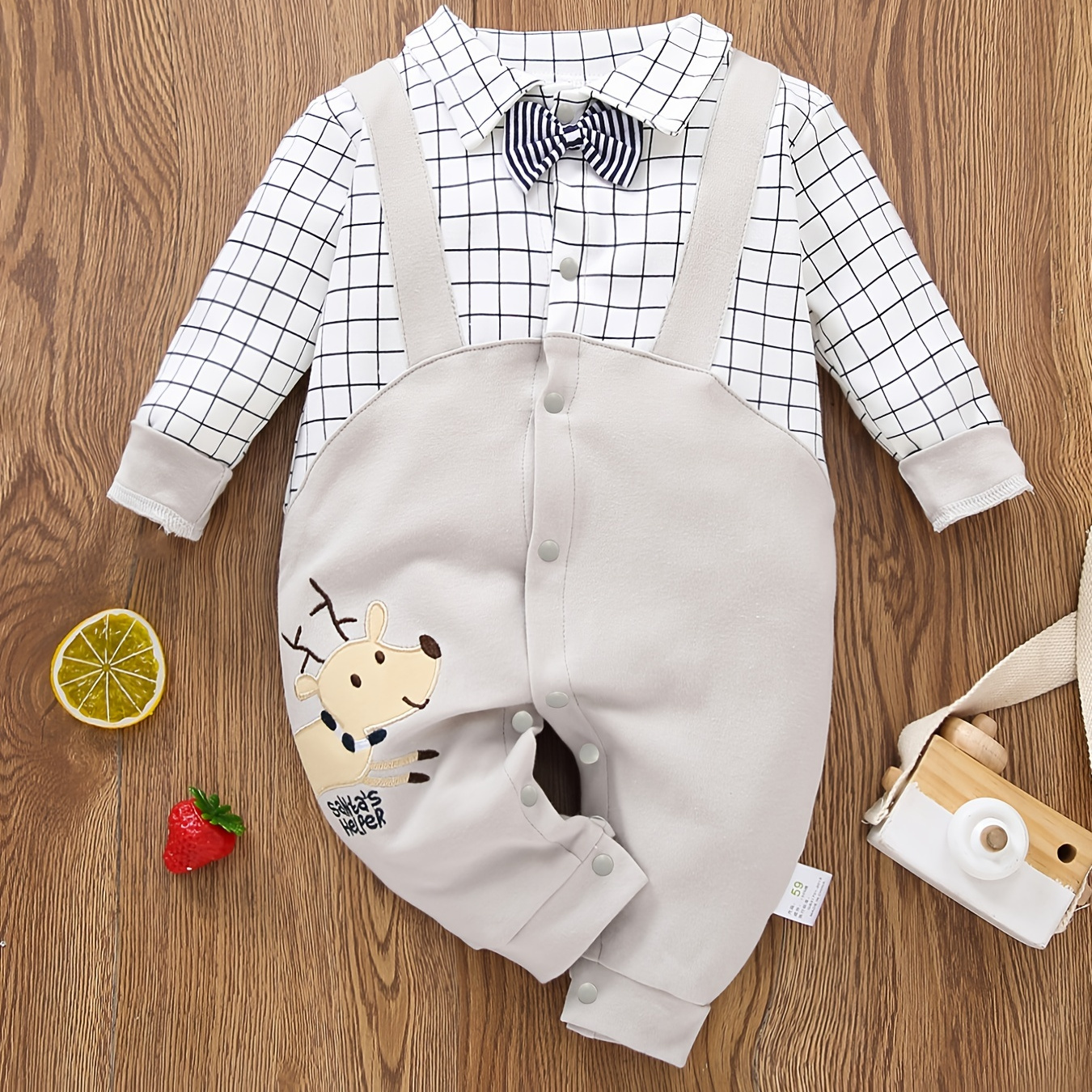 

Newborn Infant Gentleman Romper Long Sleeve Deer Embroidery Bowtie Plaid Splicing Jumpsuit For Baby Boys Toddler Clothes