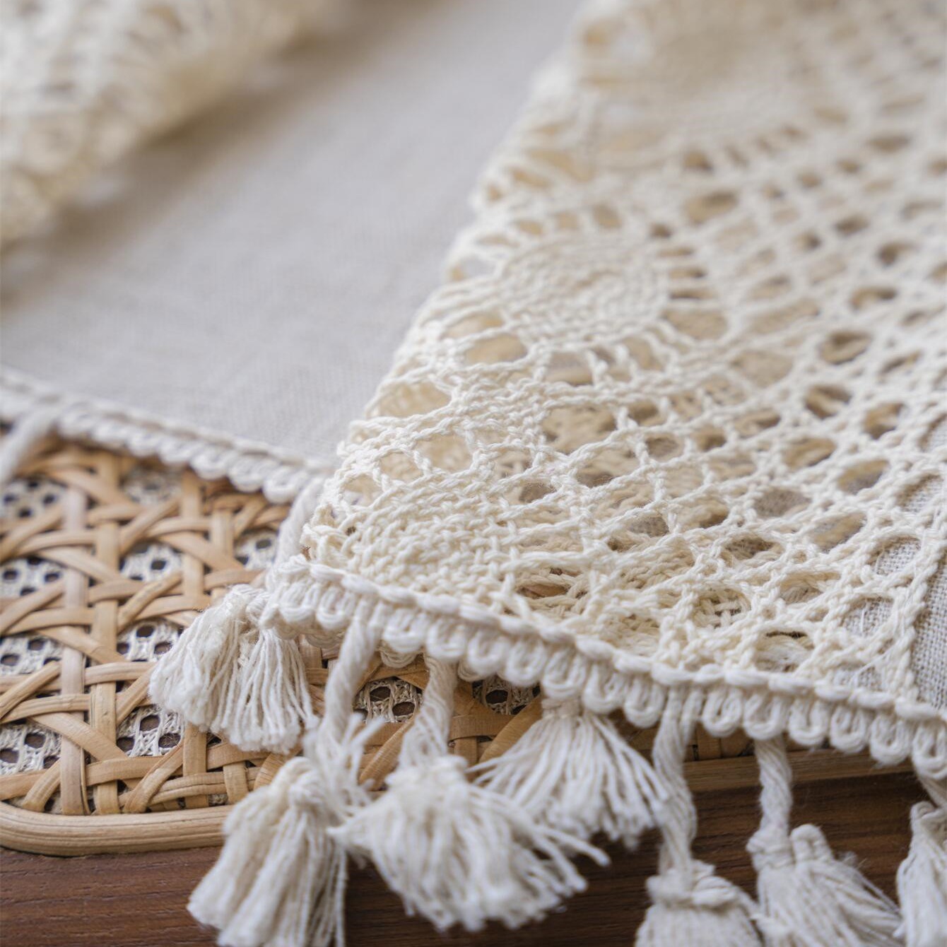 Image of 1 Panel Boho Pure Decoration Hollow Semi-blackout Curtain, Curtain Suitable For Living Room Bedroom Bay Window Dining Room Or Kitchen Bar Pocket Hollow Large Lace Stitching Beige Fringe