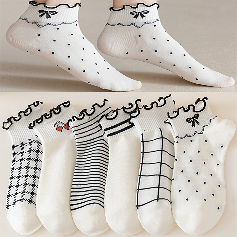 

6 Pairs Sweet & Cute Ankle Socks, Lettuce Trim Textured Cotton Ankle Socks, Women's Stocking & Hosiery