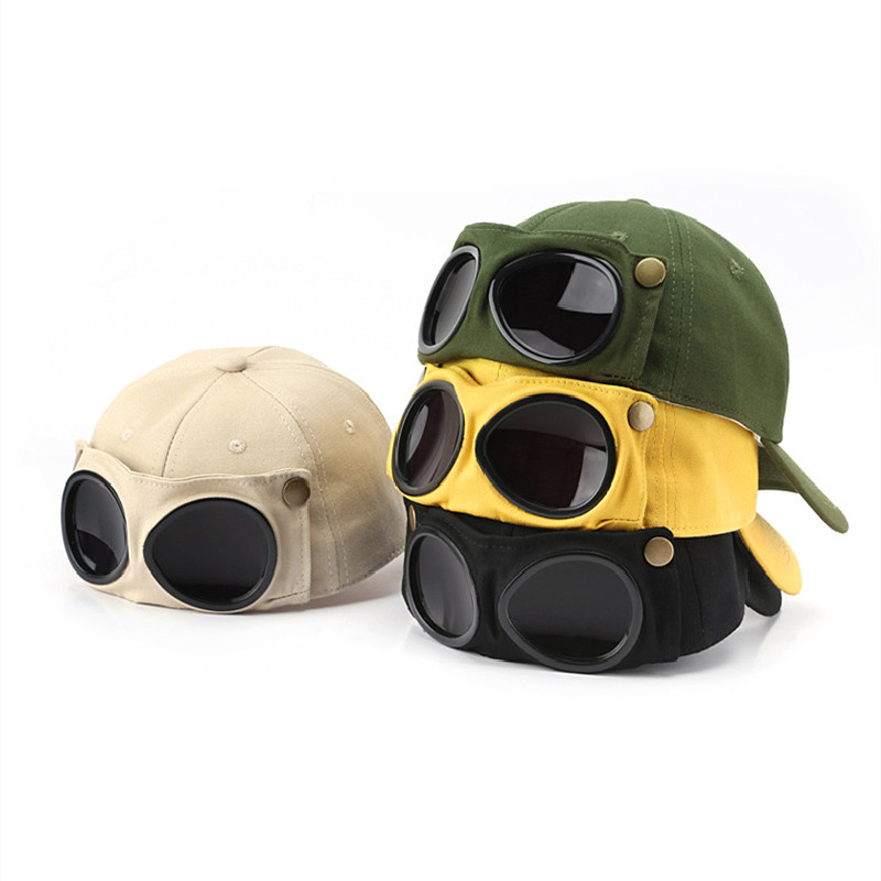 goggles baseball cap hat with foldable sunglasses peaked cap unisex retro pilot hat details 0