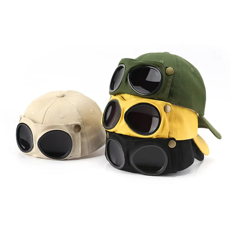 goggles baseball cap hat with foldable sunglasses peaked cap unisex retro pilot hat details 0
