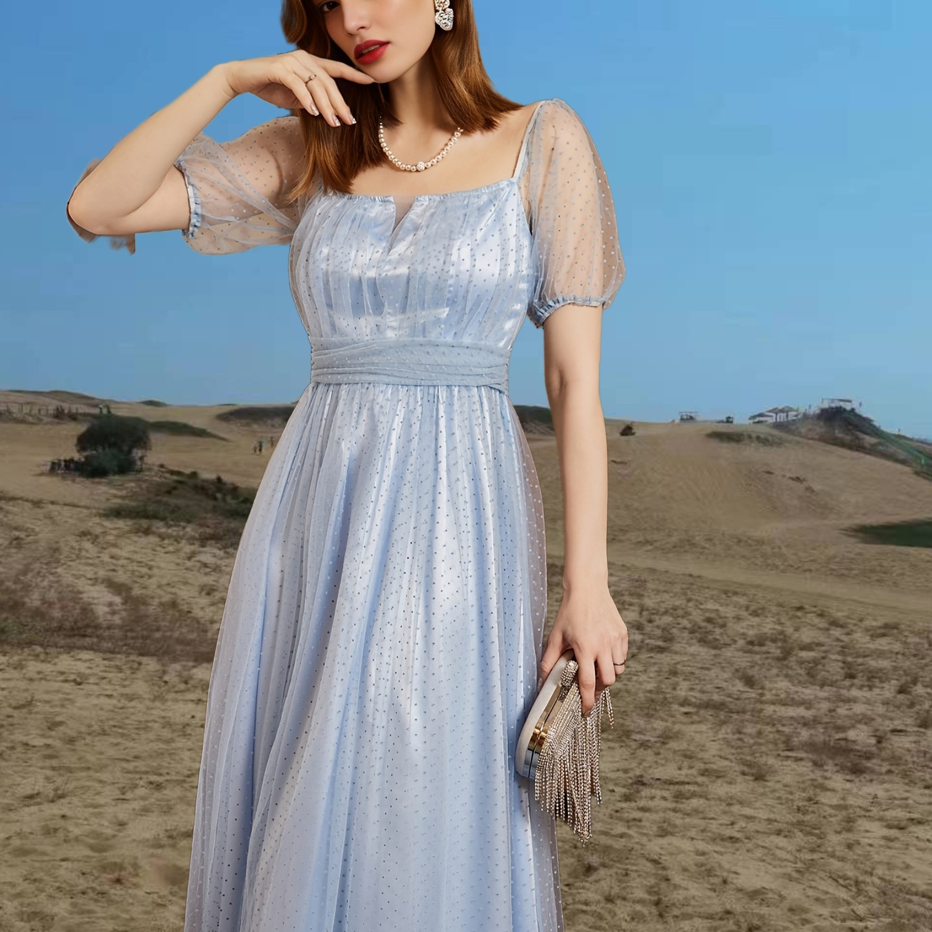 Slim Mesh Short Sleeve Dress Square Neck Bridesmaid Party Guest Evening