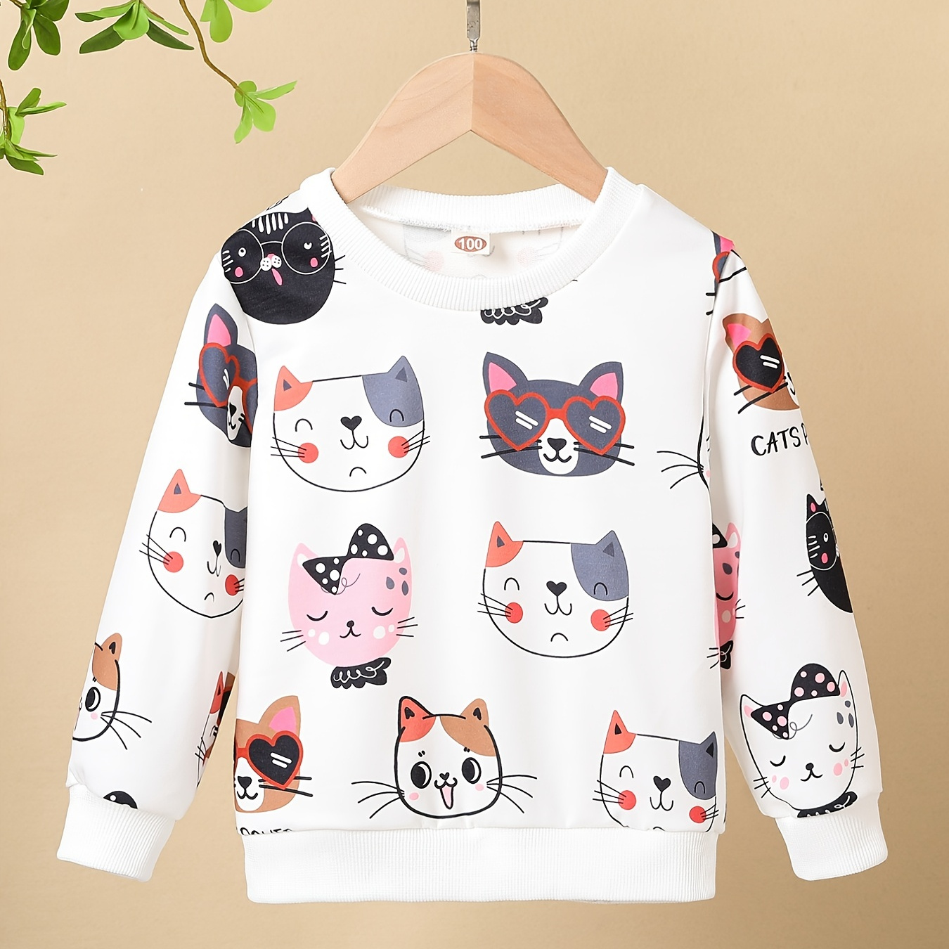 

Girls Kitty Print Pullover Long Sleeve Crew Neck Sweatshirt Top Kids Fall Clothes