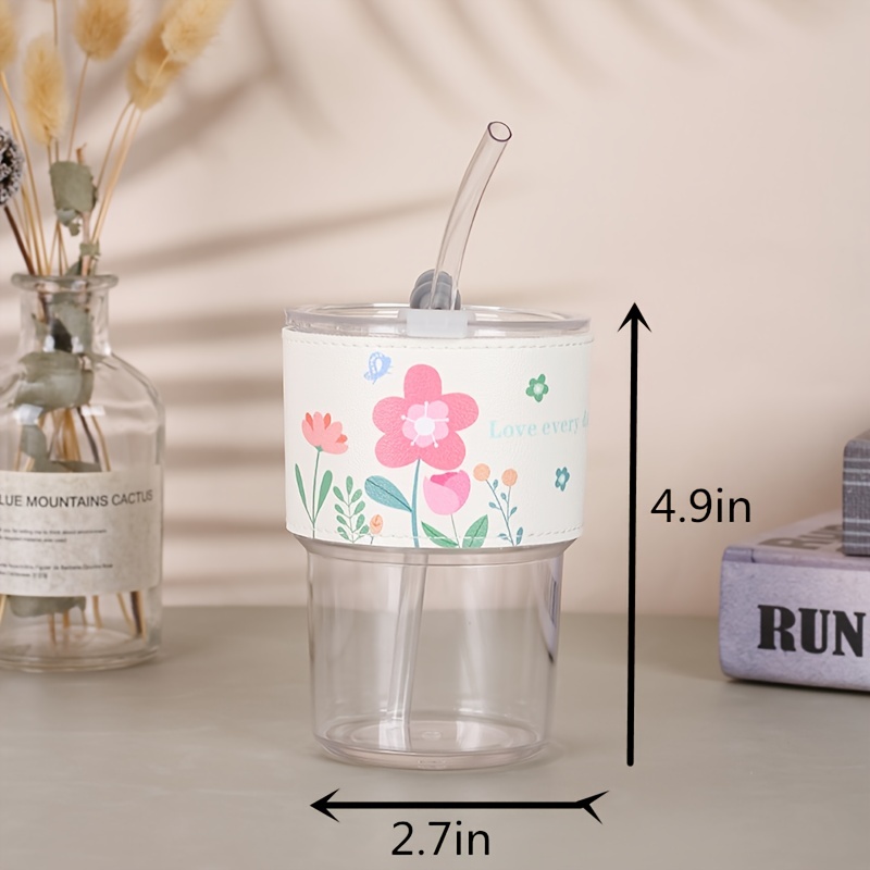 1set 375ml Striped Glass Cup With Lid & Straw For Milk, Coffee And Beverage