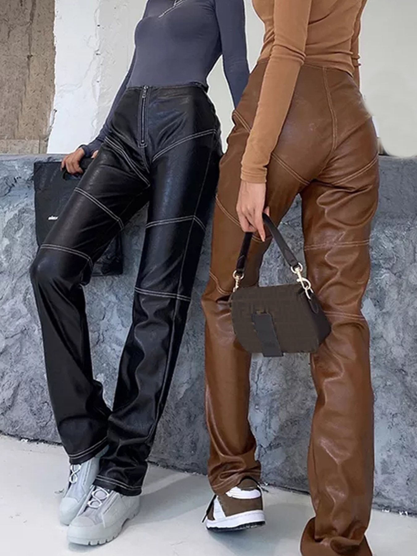 Women Solid High Waist Zipper Pants Trousers Slim Pocket Leather