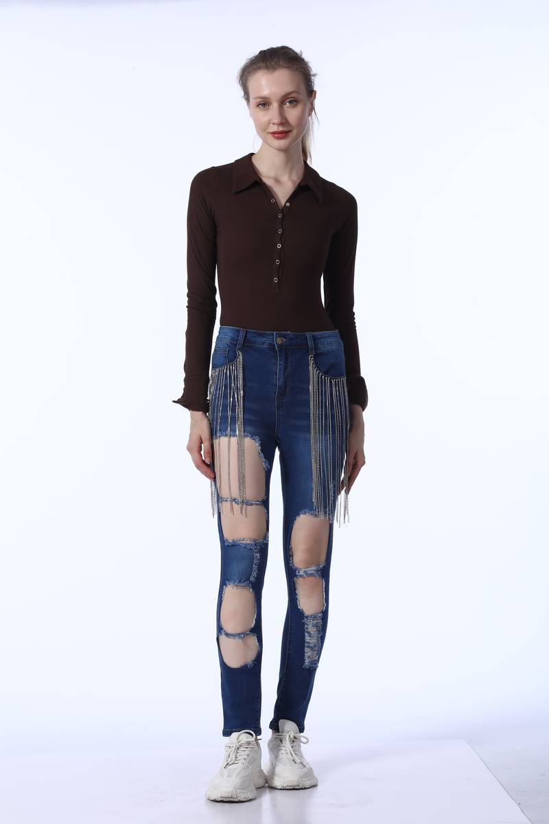 Women Rhinestone Cargo Jeans High Waisted Baggy Sexy Sparkly Cut Out