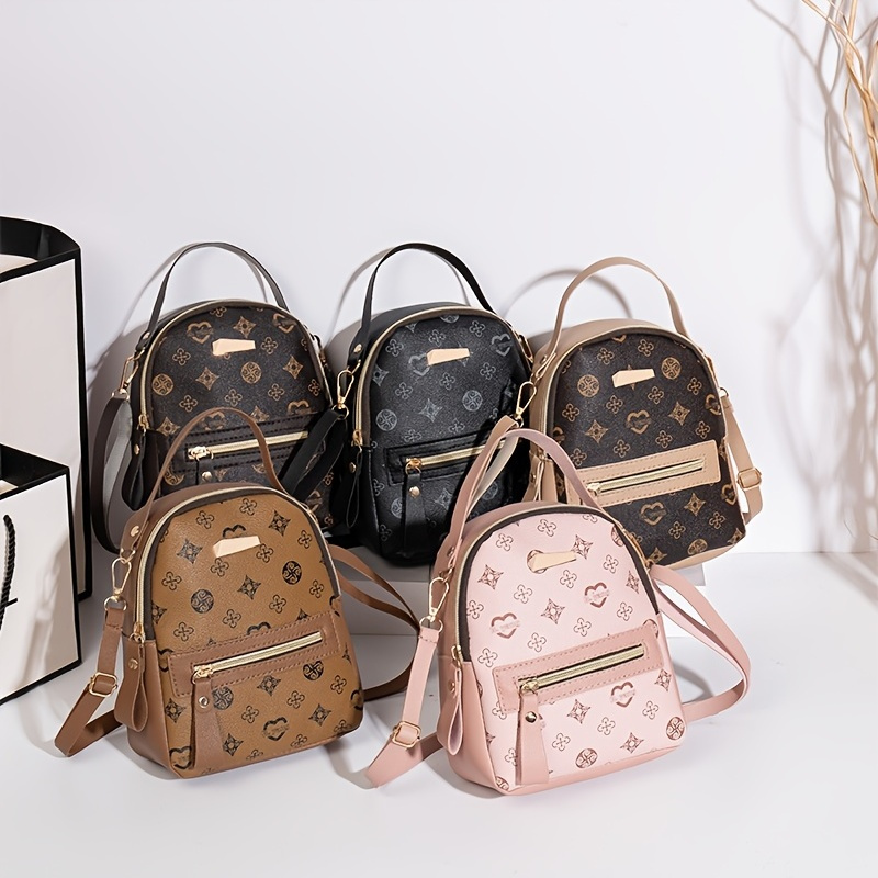 Geometric Pattern Backpack Purse Set The New Small Zipper Book Bag With  Clutch Coin Purse For Women, High-quality & Affordable