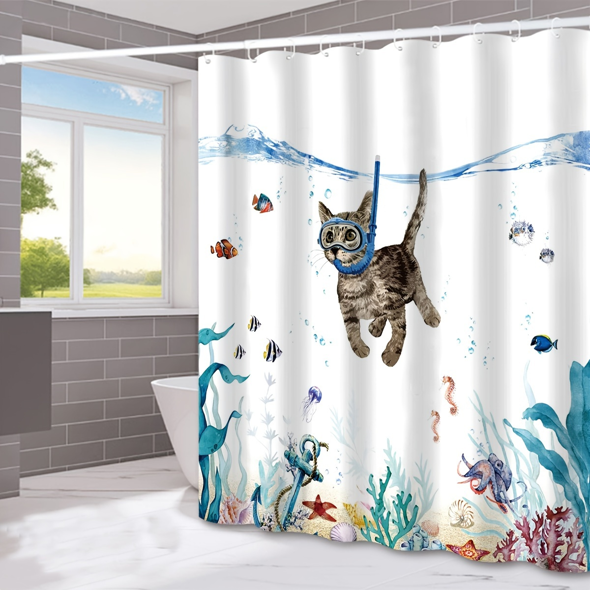 Bathroom Rugs Shower Curtain Cute Diving Cat Pattern - Temu