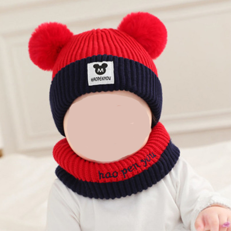 Children's Knitted Hat & Scarf Set Letter Patch Plush Thickened Warm Winter  With Pom Pom For Girls And Boys - Temu Bahrain