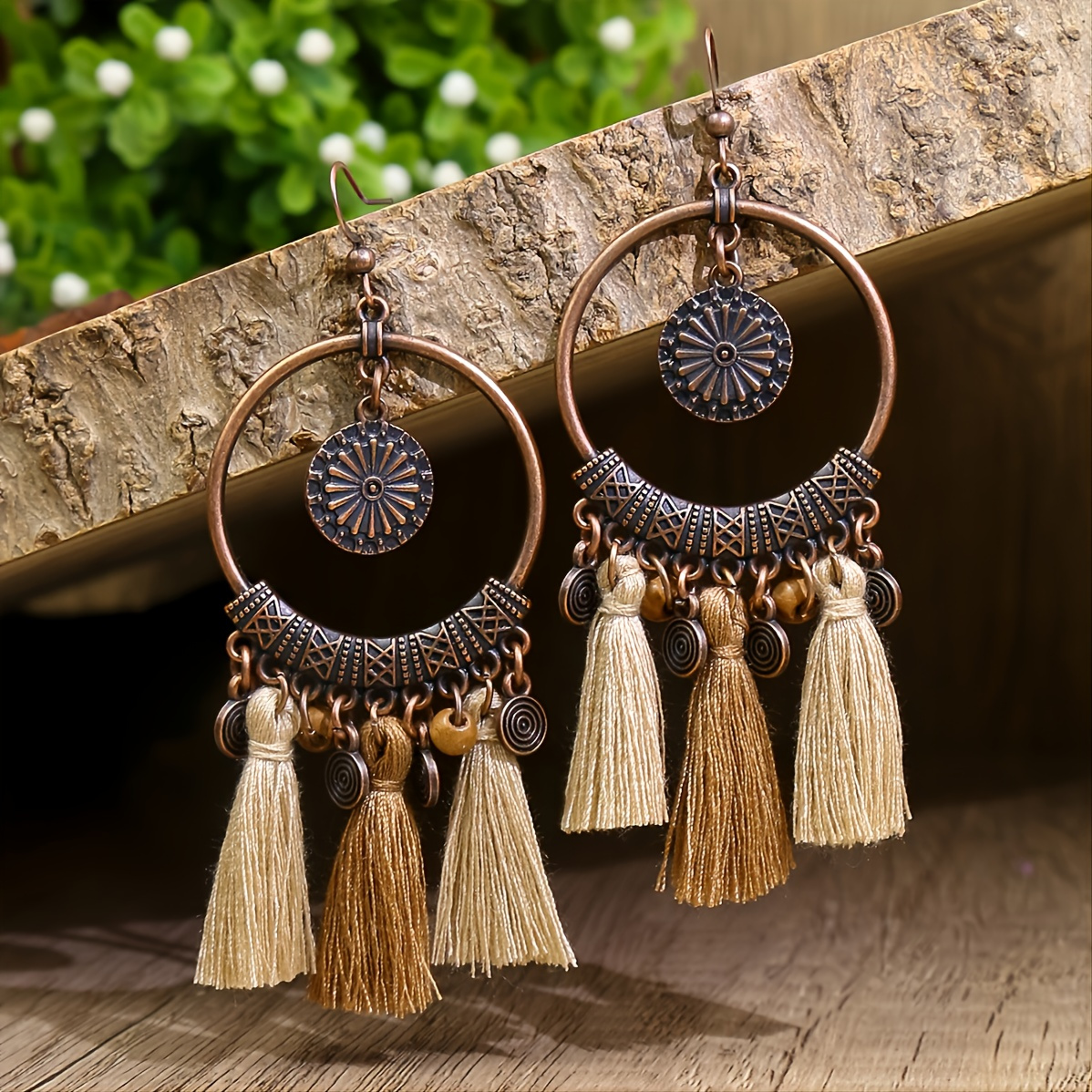 

Women Earrings Polka Dot Vintage Copper Ring Round Charm 2 Tone Tassel Earrings