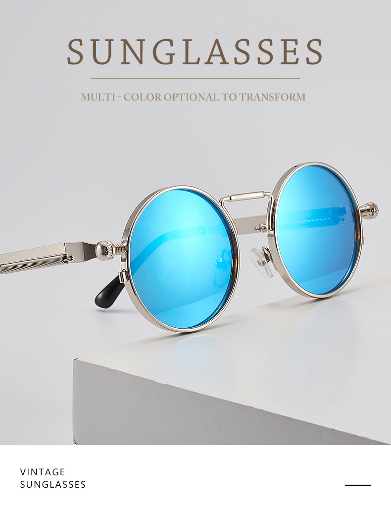 Retro Round Metal HD Polarized Punk Steampunk Sunglasses for Women Men,Vintage Sun Glasses, Silver Black
