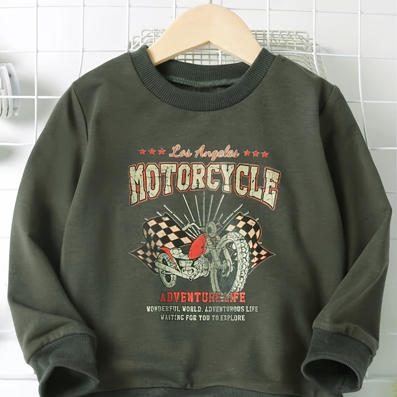 Baby Boys Pullover Motorcycle Graphic Round Neck Long Sleeve Sweatshirt
