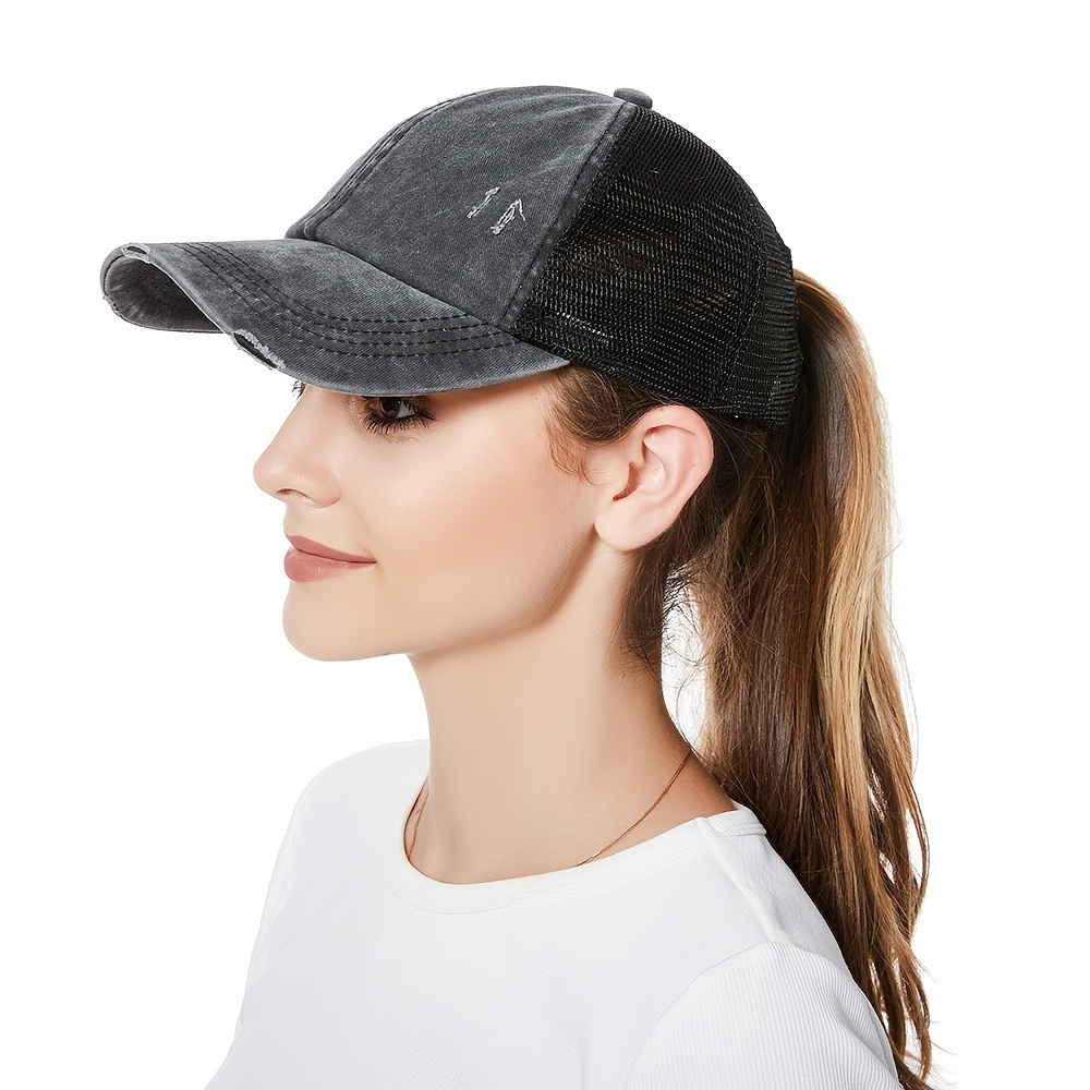 Retro Solid Color Distressed Strapback Trucker Cap With Washed Denim Baseball Cap Ponytail Hole - Perfect For Adults!