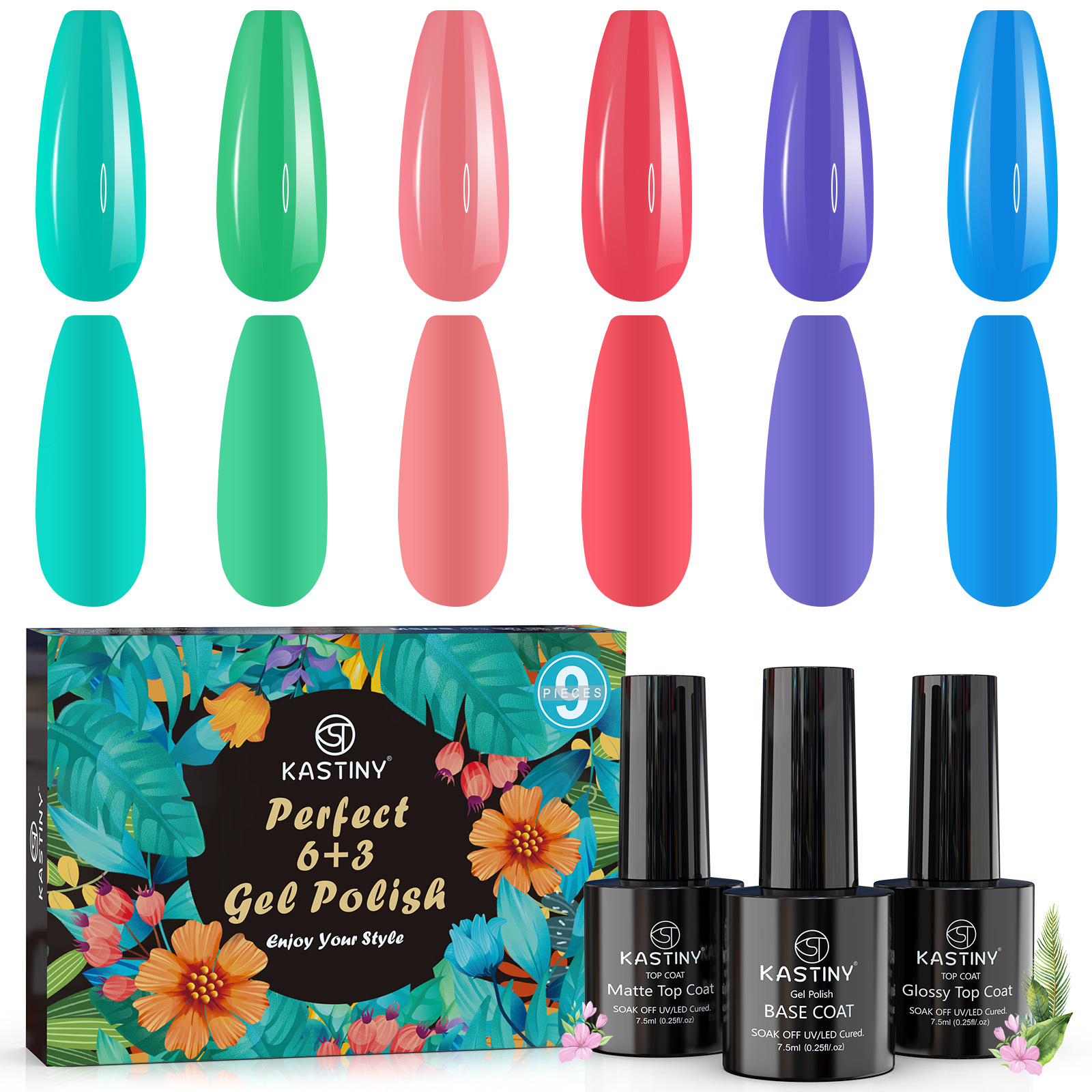 9-Piece Macaron Gel Nail Polish Set with Base, Gloss, and Matte Top Coatings