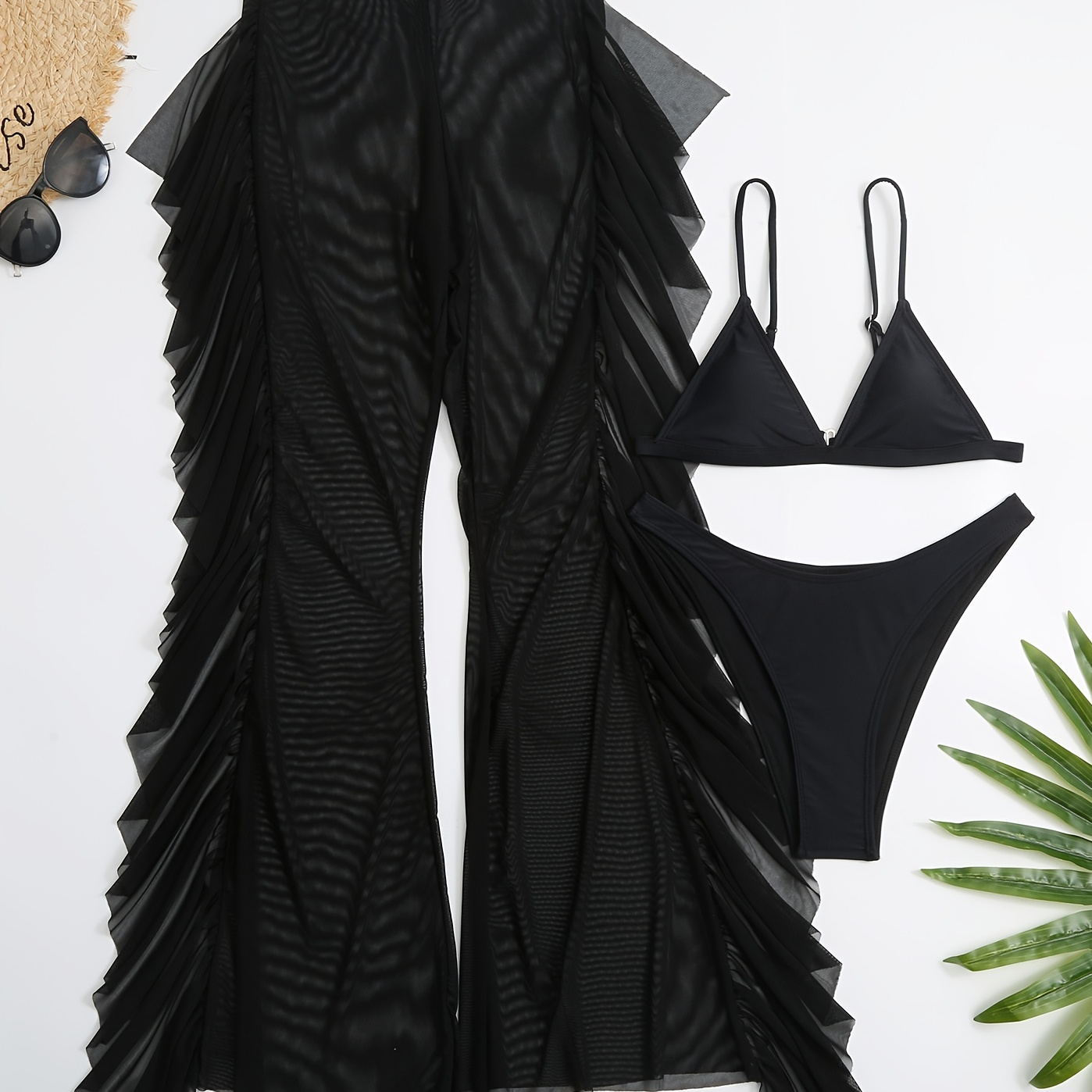 

3-piece Black Triangle High Cut Bikini Sets, With Ruffled Side Deco Sheer Cover Up Pants, Women's Swimwear & Clothing