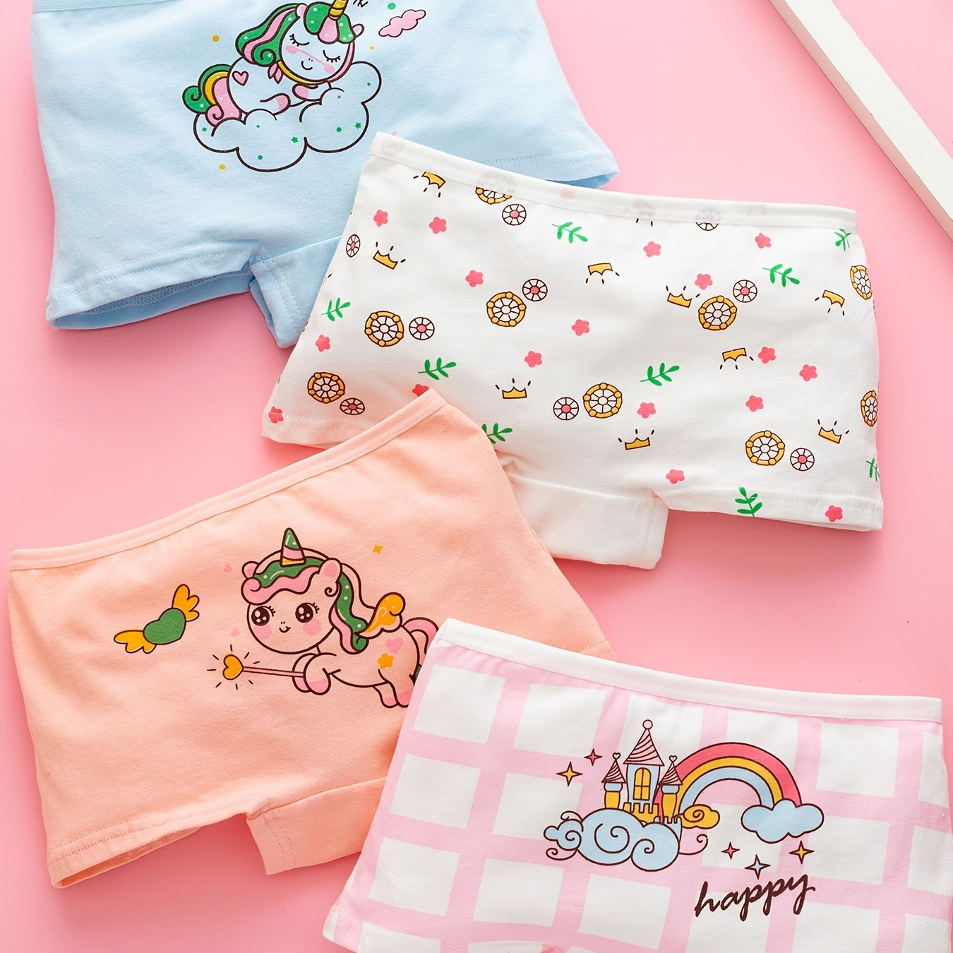 

4pcs Girls Cute Unicorn Cartoon Print Triangle Panties, Soft Comfortable Girls Underwear