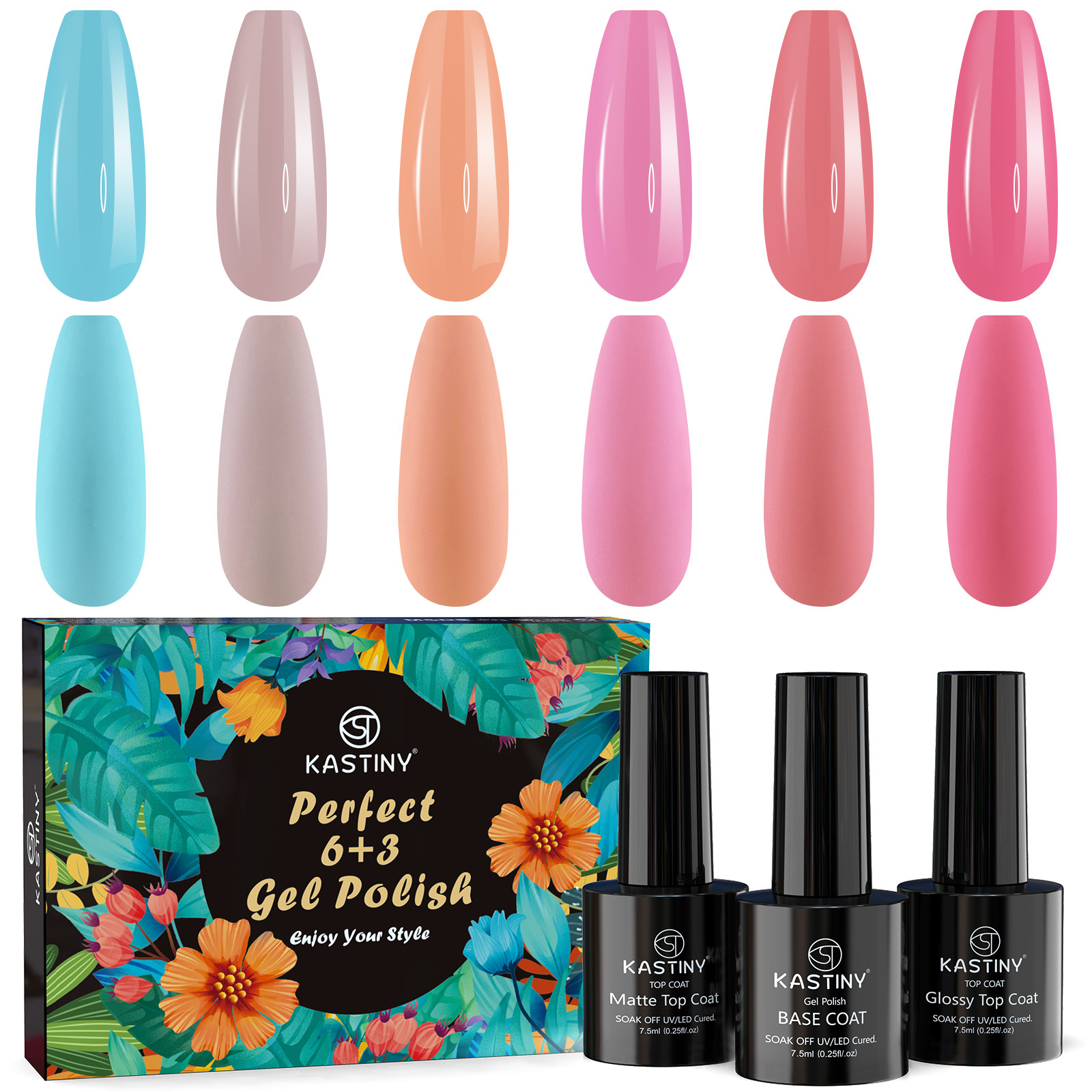 9-Piece Macaron Gel Nail Polish Set with Base, Gloss, and Matte Top Coatings