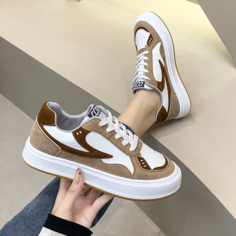 White & Khaki Low Top Sneakers, Casual Platform Skate Shoes For Every Day,  Women's Footwear