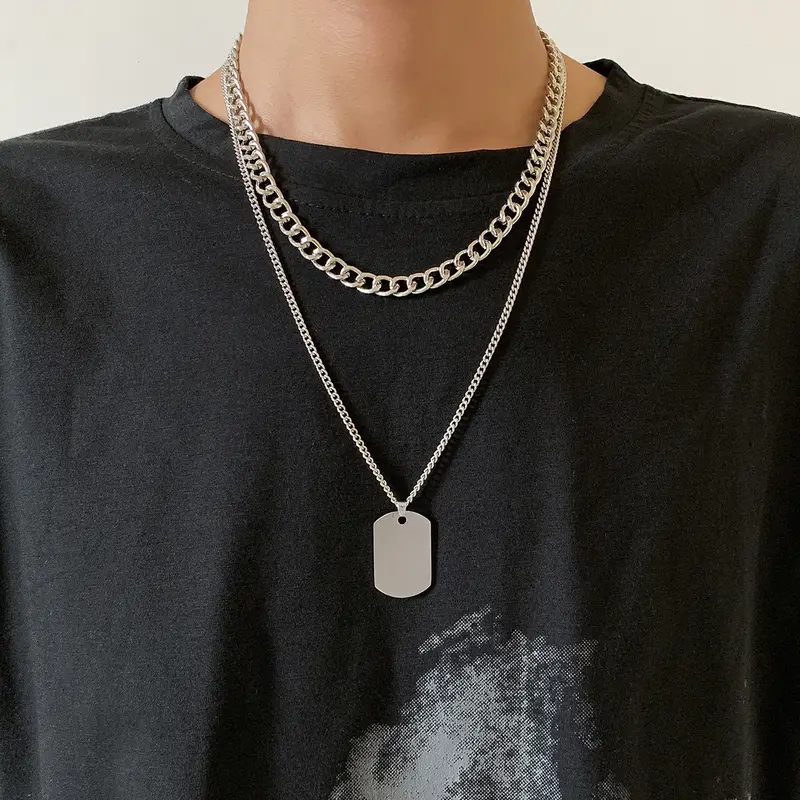 Men's Hip Hop Dog Tag Pendant Necklaces, Chunky Flat Chain Necklaces,Temu