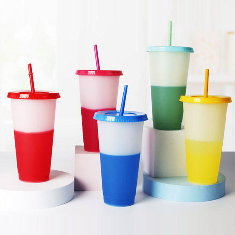 Reusable Plastic Tumblers with Lids & Straws - 4 Pcs 24oz Large Color  Changing Cups for Adults Kids ,Reusable Tumbler with Lids and Straws