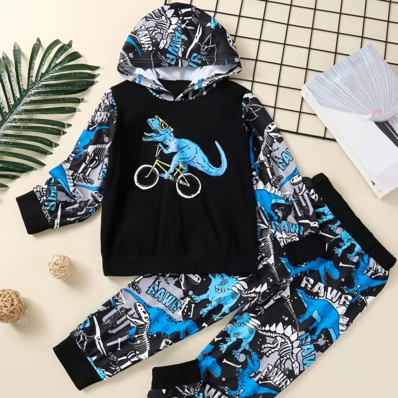 Boys Skeleton Dinosaur Print Hoodie Sweatpants Set Kids Clothes Check 